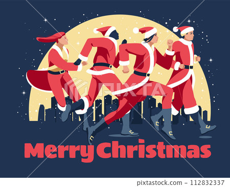Santa Clauses are running a marathon against the background of the night city. Different people dressed in Santa clothes. Vector flat illustration. Sport, healthy lifestyle 112832337
