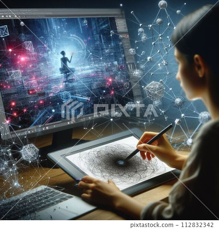A woman drawing on a tablet while creating something on a computer 112832342