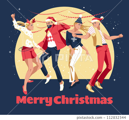 People are festively dressed, dancing and celebrating Christmas, New Year. Dark and snow night background. Event party. Vector flat illustration 112832344