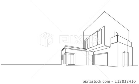 One continuous line drawing of flat roof house or shop. Minimalist style black linear sketch of modern building isolated on white background. Vector illustration. One continuous line drawing of flat roof house or shop. Minimalist style black linear sketch of modern building isolated on white background. Vector illustration. 112832410