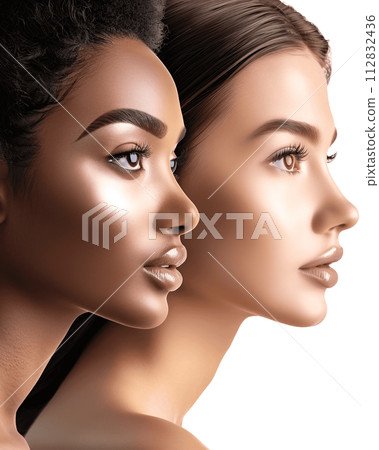 Multicultural Glam Models with Flawless Skin, Profile View, Isolated on White Background 112832436