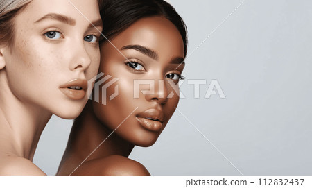 Multicultural Glam Models with Flawless Skin, Profile View, Isolated on White Background 112832437