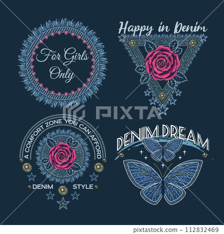 Denim theme labels with rose flower, butterfly, text, jeans fabric patches with fringe. Detailed composition in vintage style on dark background. For clothing, t shirt, surface design. 112832469