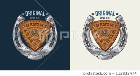 Logo with steel horseshoe, leather triangular brand patch, text. Design element in western vintage style. For clothing, t shirt, surface decoration Logo with steel horseshoe, leather triangular brand patch, text. Design element in western vintage style. For clothing, t shirt, surface decoration 112832474