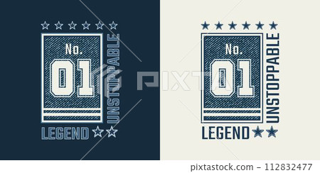 Vertical denim label with motivational text Unstoppable, Legend No 1. Blue jeans fabric texture. Sport casual style. Vertical denim label with motivational text Unstoppable, Legend No 1. Blue jeans fabric texture. Sport casual style. 112832477