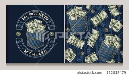 Logo, seamless pattern with denim back pocket, 100 USD dollar notes, stars, scattered jeans buttons. Blue grunge abstract texture with criss crossed lines on background. Vintage style 112832479