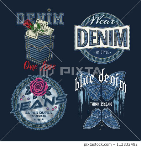 Denim theme labels with rose flower, butterfly, money, text, jeans fabric texture. Detailed composition in vintage style on dark background. For clothing, t shirt, surface design. 112832482