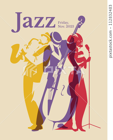 Colorful figures silhouettes. A group of three jazz musicians. Singer, saxophone, double bass. Concert, music club, entertainment poster. Vector flat illustration 112832483
