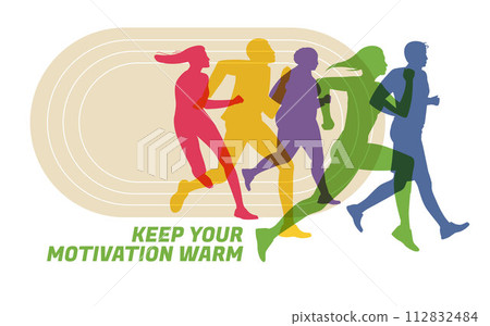 Different color shapes of runners and joggers. Advertisement of competitions, sports clubs, maraphone, healthy lifestyle. Vector flat illustration 112832484