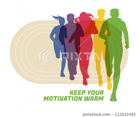 Different color shapes of runners and joggers. Advertisement of competitions, sports clubs, maraphone, healthy lifestyle. Vector flat illustration Different color shapes of runners and joggers. Advertisement of competitions, sports clubs, maraphone, healthy lifestyle. Vector flat illustration 112832485