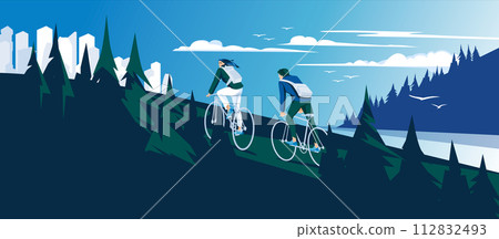 Concept of green energy and safe environment, woman and man on bicycles on green forest background. Vector flat illustration 112832493