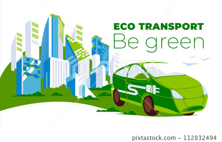 Green energy and safe environment concept, electric car on green city background. Vector flat illustration 112832494