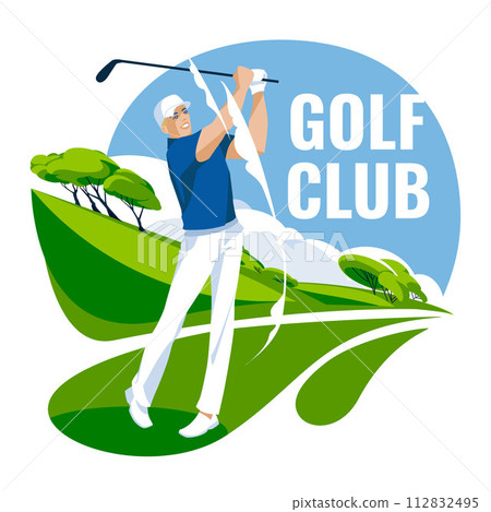 A golfer in a sports uniform is practicing on a green grass field. Advertisement of matches, competitions, sports clubs. Vector flat illustration 112832495