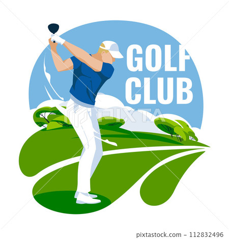 A golfer in a sports uniform is practicing on a green grass field. Advertisement of matches, competitions, sports clubs. Vector flat illustration 112832496
