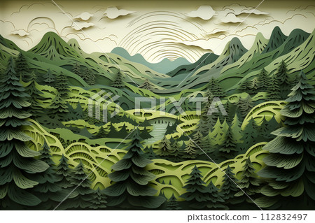 Green nature forest landscape scenery. Paper art style. By generative Ai Green nature forest landscape scenery. Paper art style. By generative Ai 112832497