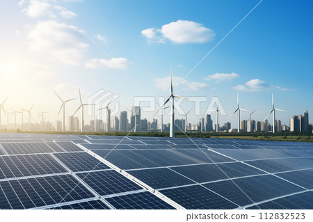 Solar panels and wind turbines in front of the city skyline in the background. By generate Ai 112832523