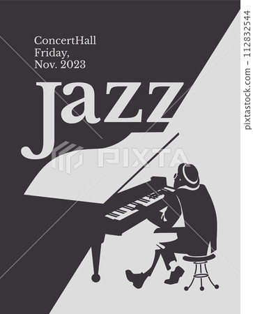 azz pianist black and white poster. Advertisement of a postcard of a musical event. Vector flat illustration azz pianist black and white poster. Advertisement of a postcard of a musical event. Vector flat illustration 112832544