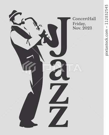 jazz saxophonist black and white poster. Advertisement of a postcard of a musical event. Vector flat illustration 112832545