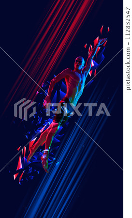 Muscular young man, swimmer in motion training against gradient blue background with polygonal and fluid neon elements. 112832547
