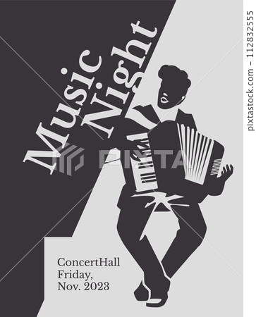 accordionist black and white poster. Postcard advertisement of a music event. Vector flat illustration 112832555