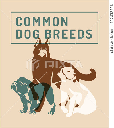 dog breeds German shepherd, bulldog, beagle. Risograph effect. Vector flat illustration dog breeds German shepherd, bulldog, beagle. Risograph effect. Vector flat illustration 112832558
