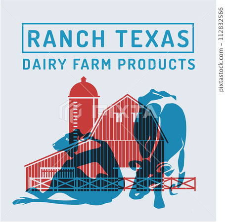 cows against the background of a traditional red farmhouse. Stamp. Risograph effect. Farming, agriculture, advertising of natural dairy products. Vector flat illustration cows against the background of a traditional red farmhouse. Stamp. Risograph effect. Farming, agriculture, advertising of natural dairy products. Vector flat illustration 112832566