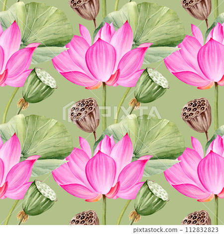 watercolor seamless pattern of pink lotus flower, buds and leaves, hand drawn illustration of spa and yoga theme, sketch of purple water lily, Asian tropical flower on pastel green background watercolor seamless pattern of pink lotus flower, buds and leaves, hand drawn illustration of spa and yoga theme, sketch of purple water lily, Asian tropical flower on pastel green background 112832823