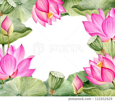 watercolor horizontal frame with pink lotus flower, buds and leaves, hand drawn illustration of spa and yoga theme, sketch of purple water lily, Asian tropical flower isolated on white background 112832829