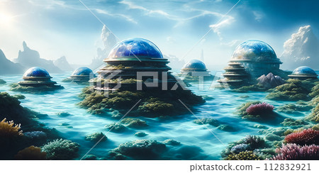 Utopian underwater city. Marvel at the transparent domes, futuristic transit networks, and cutting-edge research hubs delving into the ocean's mysteries. 112832921
