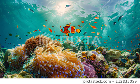 a vibrant coral reef teeming with life  112833059