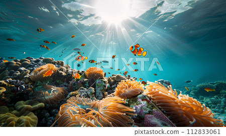 a vibrant coral reef teeming with life  112833061