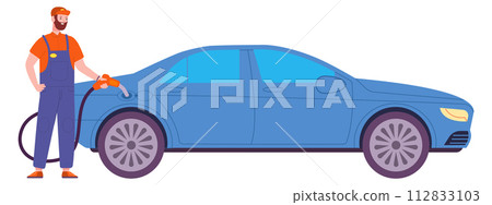 Gas station worker refuel car with pump gun Gas station worker refuel car with pump gun 112833103