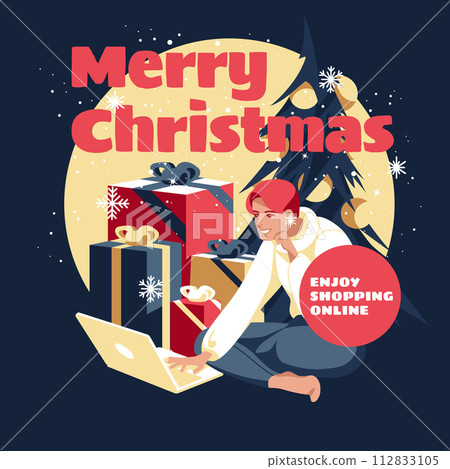 young woman doing online shopping for christmas gifts using laptop. Christmas tree, decorations, snow, festive mood. Vector flat illustration 112833105