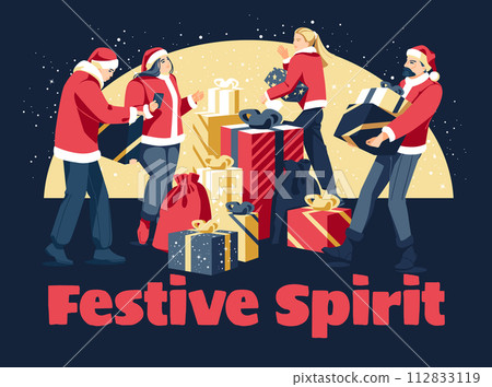 a group of people who work with the delivery of Christmas gifts. Festive decoration, snow. Gift shop service concept. vector flat illustration 112833119