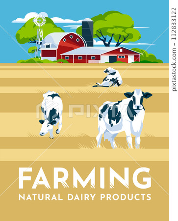 cattle farm and agriculture concept. Traditional house with barn. Poster. Vector flat illustration cattle farm and agriculture concept. Traditional house with barn. Poster. Vector flat illustration 112833122