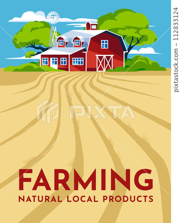 traditional red house on a fertile field. Agriculture and farming concept. Poster. Vector flat illustration 112833124