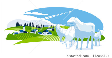 sheep on the background of a green village. Agriculture, ranch, cattle farm concept. Vector flat illustration 112833125