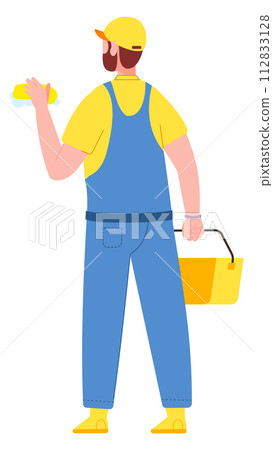 Service worker cleaning. Man in uniform hold water bucket and sponge Service worker cleaning. Man in uniform hold water bucket and sponge 112833128