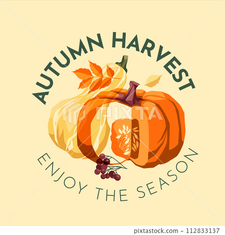 agriculture, gardening and autumn harvest concept. Pumpkin with autumn leaves and text. Risograph effect. Vector flat illustration agriculture, gardening and autumn harvest concept. Pumpkin with autumn leaves and text. Risograph effect. Vector flat illustration 112833137