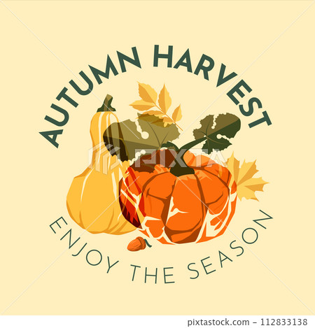 agriculture, gardening and autumn harvest concept. Pumpkin with autumn leaves and text. Risograph effect. Vector flat illustration agriculture, gardening and autumn harvest concept. Pumpkin with autumn leaves and text. Risograph effect. Vector flat illustration 112833138