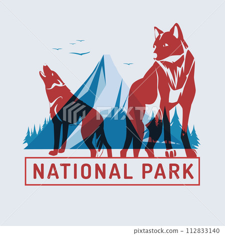 red wolves on the background of blue mountains. Risograph effect. National Wild Park. Vector flat illustration 112833140