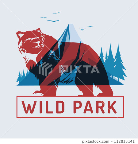 red bear on the background of blue mountains. Risograph effect. National Wild Park. Vector flat illustration 112833141