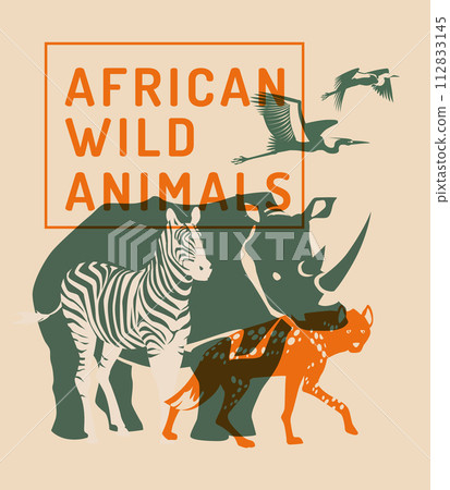 Silhouettes of wild African animals. Hyena, rhinoceros, zebra, heron. Risograph effect. Vector flat illustration. Zoo, tourism concept advertising. 112833145