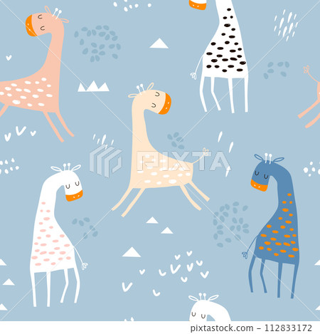 Seamless childish pattern with cute giraffe and hand drawn shapes. Creative kids texture for fabric, wrapping, textile, wallpaper, apparel. Vector illustration 112833172