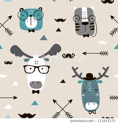 Seamless childish pattern with cute animal faces in hipster style. Creative kids texture for fabric, wrapping, textile, wallpaper, apparel. Vector illustration Seamless childish pattern with cute animal faces in hipster style. Creative kids texture for fabric, wrapping, textile, wallpaper, apparel. Vector illustration 112833173