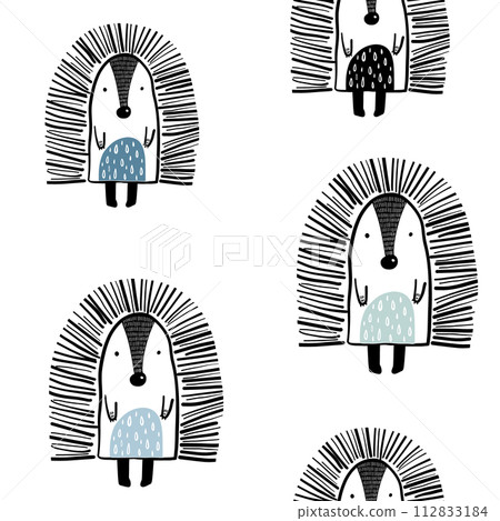 Seamless childish pattern with cute hedgehog in black and white style. Creative woodland kids texture for fabric, wrapping, textile, wallpaper, apparel. Vector illustration 112833184