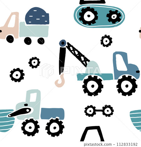 Seamless childish pattern with hand drawn cars. Creative kids texture for fabric, wrapping, textile, wallpaper, apparel. Vector illustration 112833192