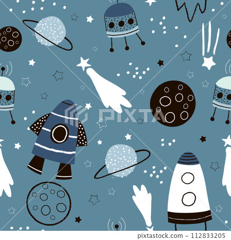 Childish seamless pattern with hand drawn space elements space, rocket, star, planet, space probe. Trendy kids vector background. Childish seamless pattern with hand drawn space elements space, rocket, star, planet, space probe. Trendy kids vector background. 112833205