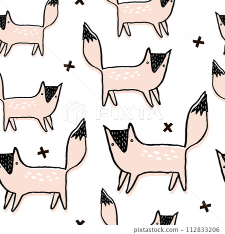 Seamless pattern with hand drawn foxes. Creative scandinavian modern texture for fabric, wrapping, textile, wallpaper, apparel. Vector illustration 112833206
