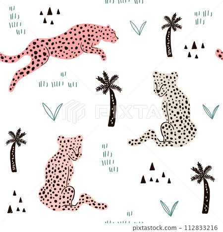 Seamless pattern with hand drawn leopards. Creative african modern texture for fabric, wrapping, textile, wallpaper, apparel. Vector illustration 112833216